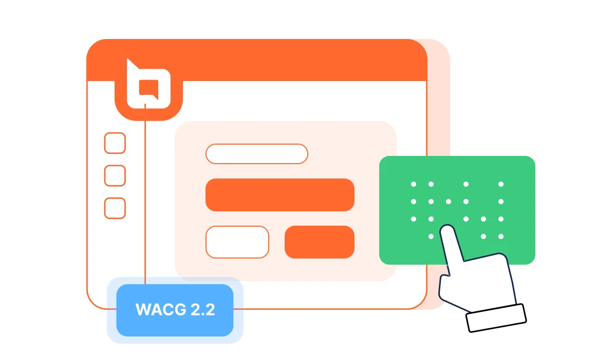 WCAG 2.2 accessibility features shown on a web form with a hand selecting a contrast friendly keypad.