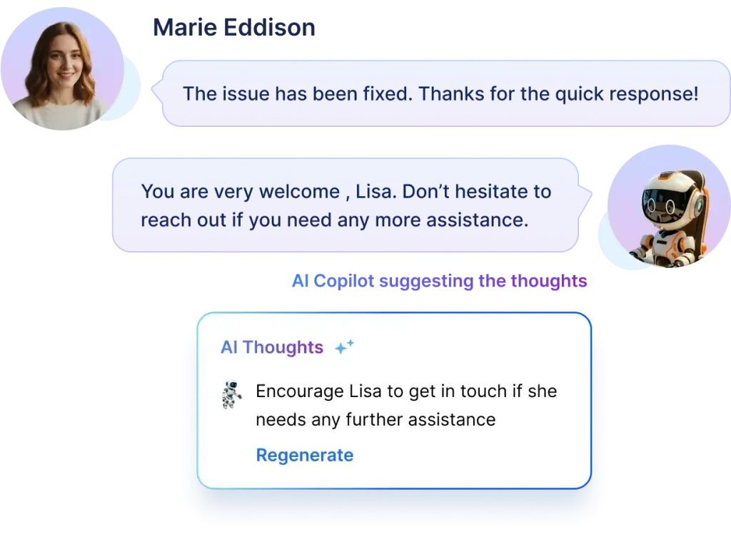 Help desk for SaaS AI Copilot suggesting response after issue resolution in chat interface.