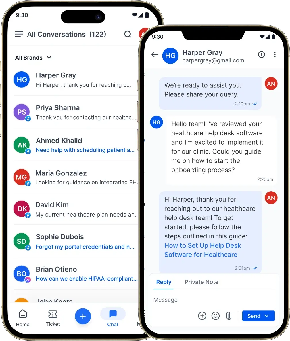 Mobile chat interface displaying customer conversations, support replies, and real time assistance across channels.