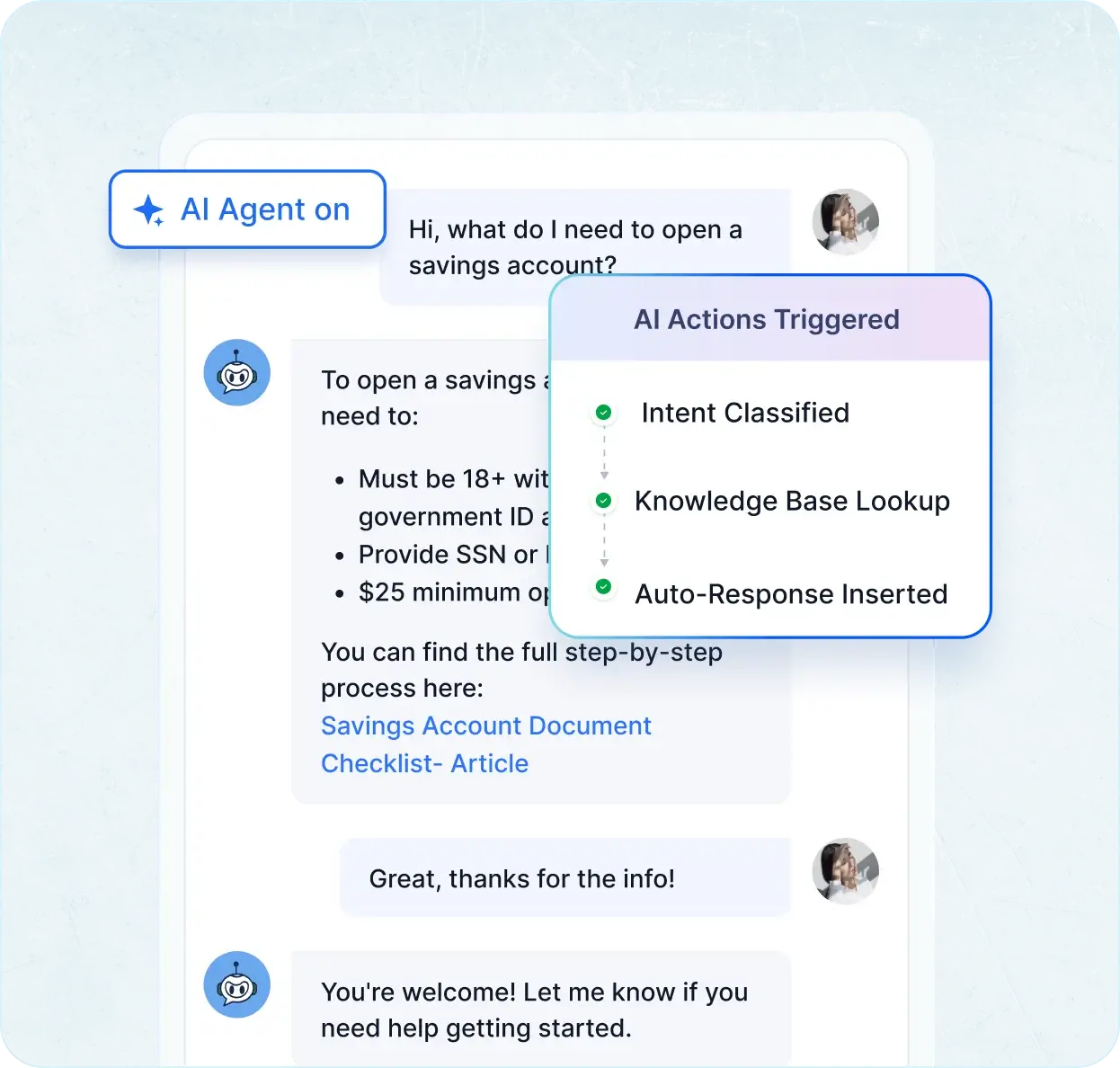 Customer service software chat shows an AI guiding a savings account query with intent classification and automated responses.