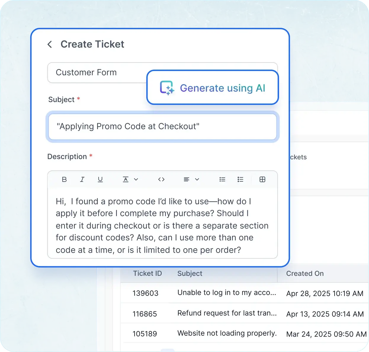 Customer service software shows a ticket form for applying a promo code, with existing support tickets listed below for reference.