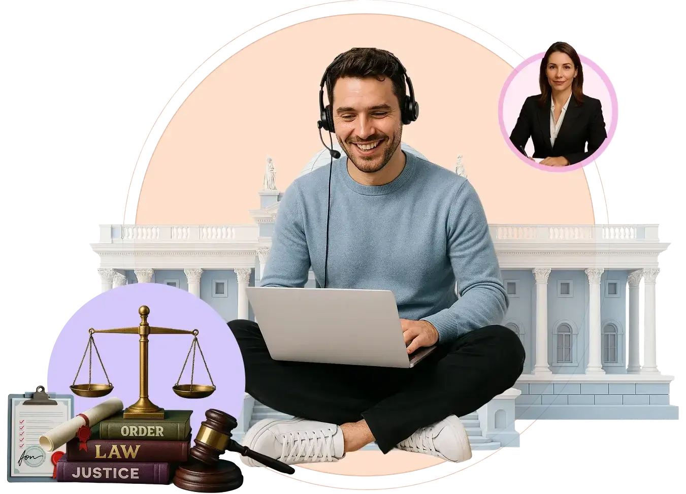 Legal support professional using a laptop with justice symbols, government building backdrop, and remote assistance.