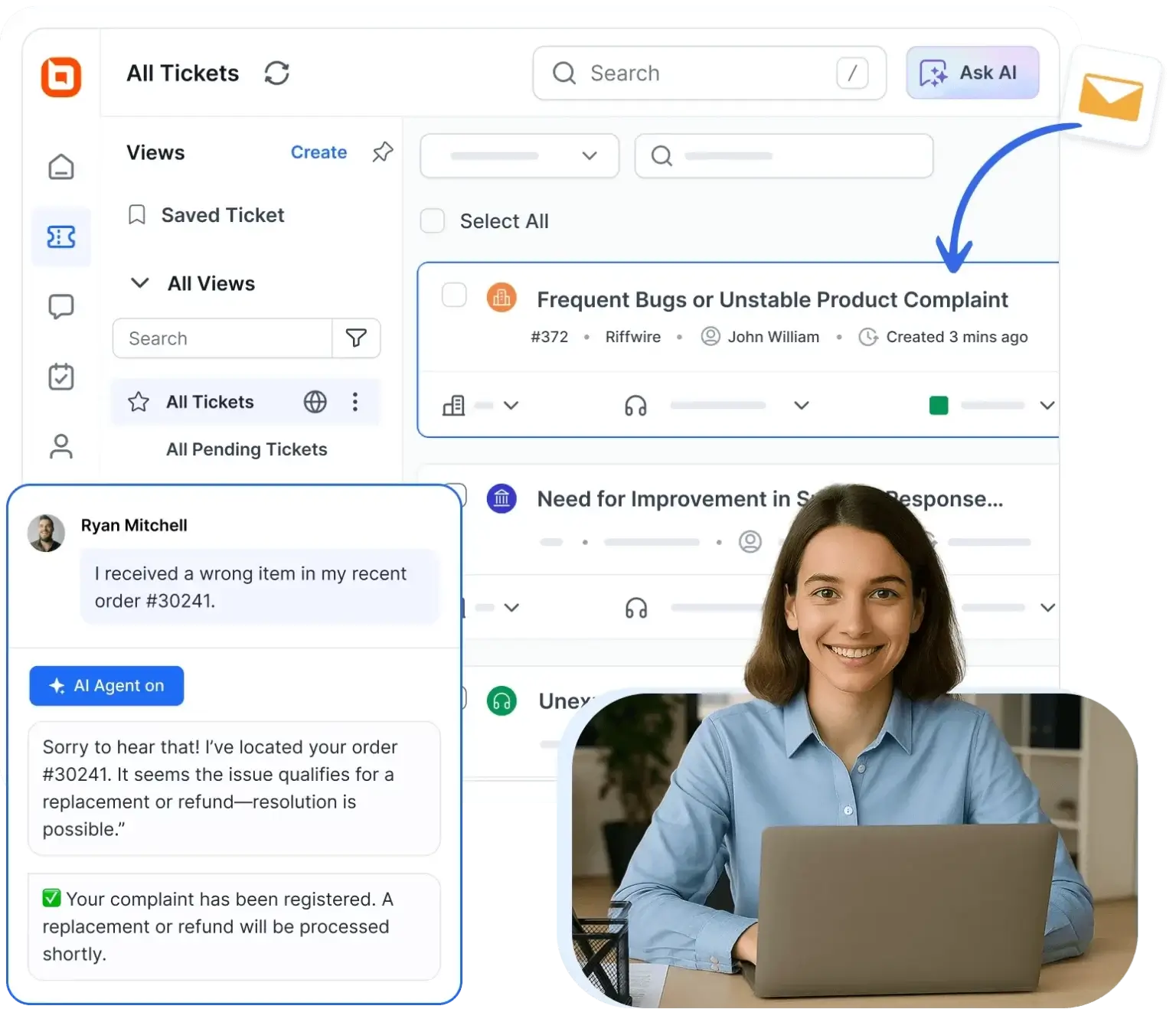 AI agent assists with customer complaints by analyzing support tickets and suggesting accurate response resolutions.