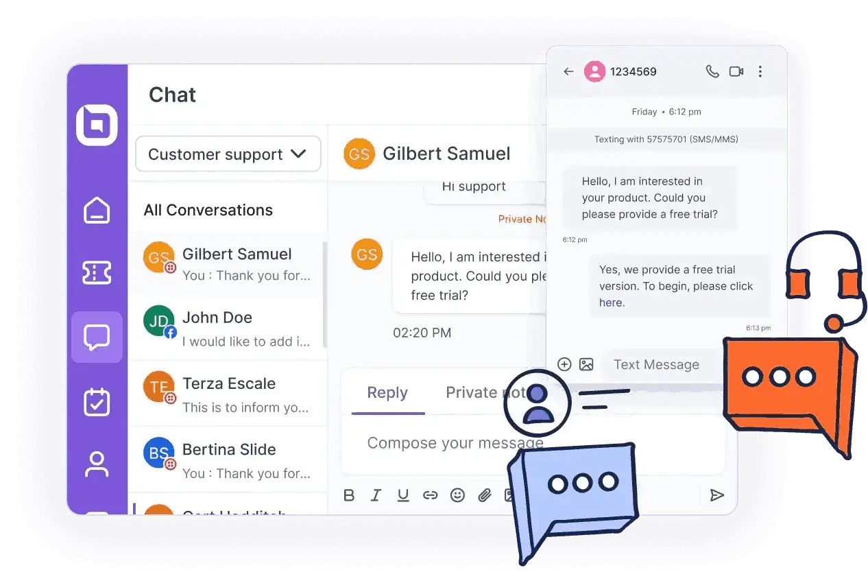 Customer support chat dashboard showing SMS conversations, ticket updates, and omnichannel messaging support.