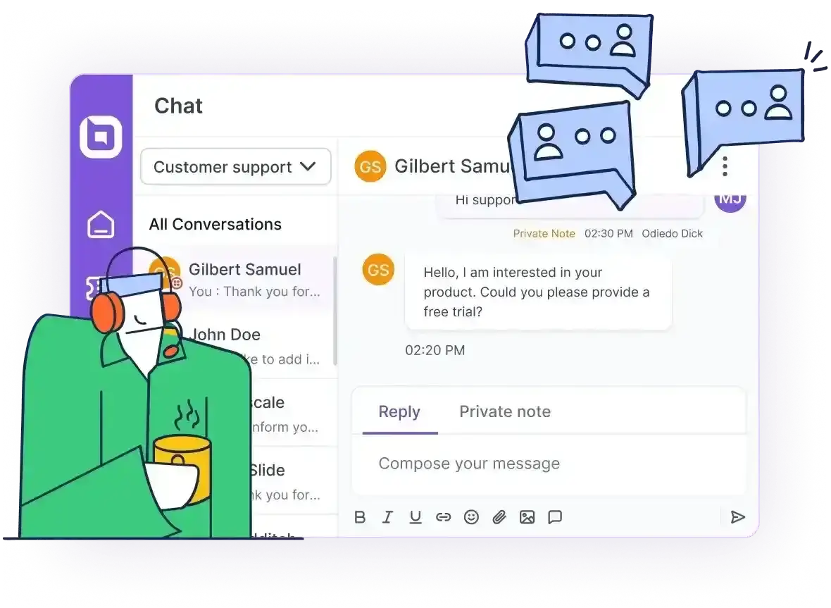 Customer support chat workspace with conversation management, team collaboration, and messaging tools.