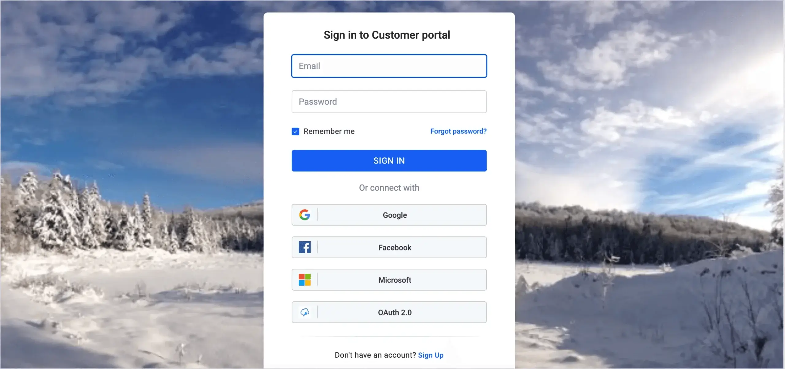 Customer portal sign in page with email login, social authentication options, and secure account access.