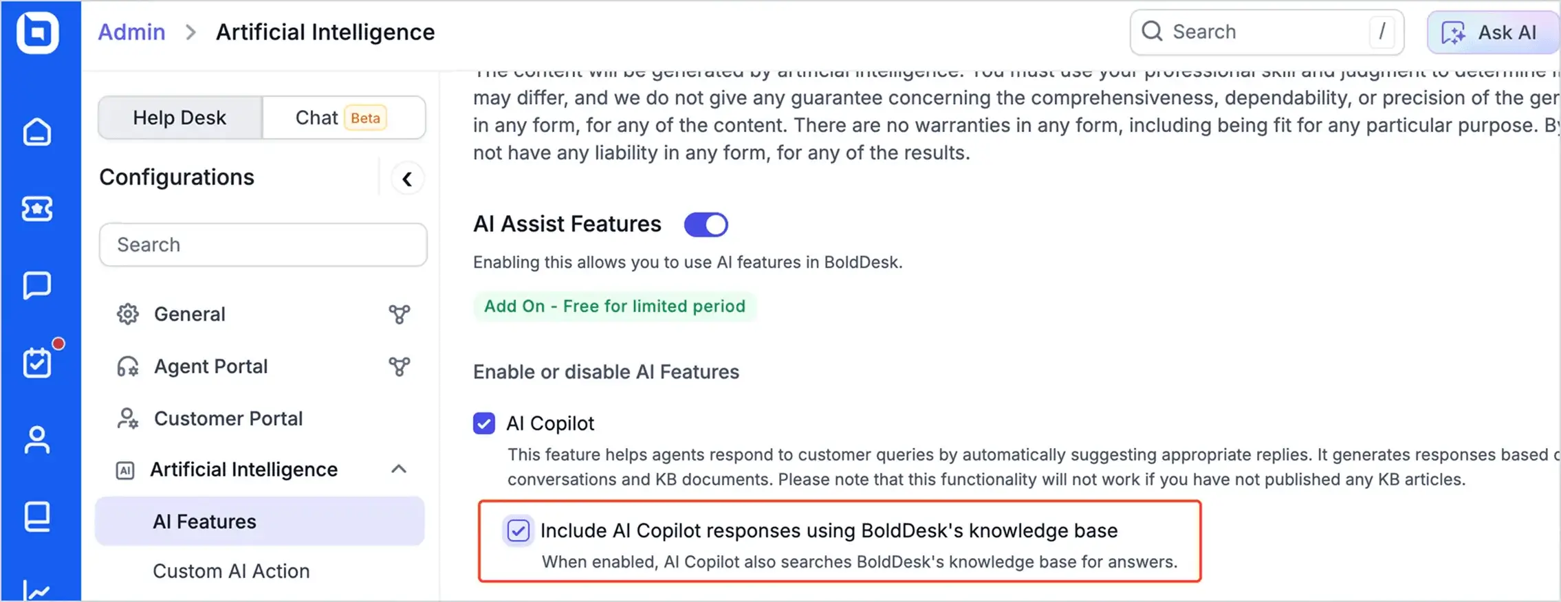 AI Copilot settings with knowledge base responses enabled.