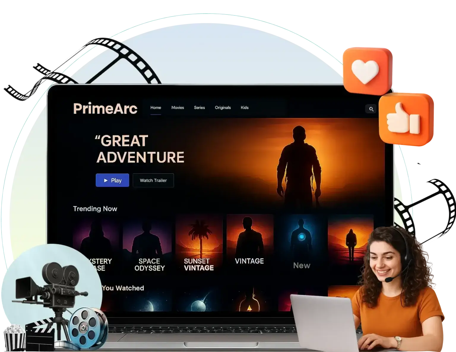 Streaming service interface with movie content, viewer engagement icons, and customer support assistance tools.