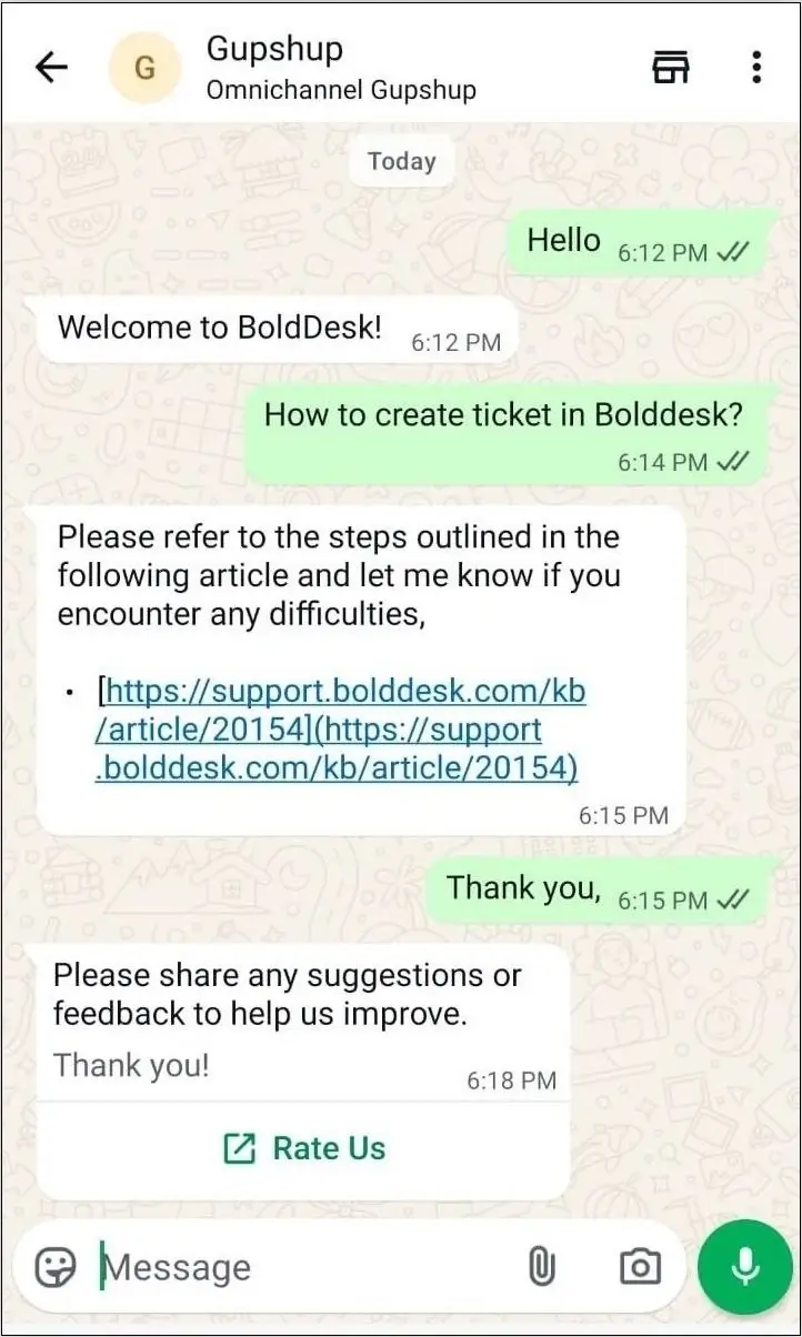 WhatsApp support conversation showing ticket assistance, knowledge base article sharing, and customer feedback.