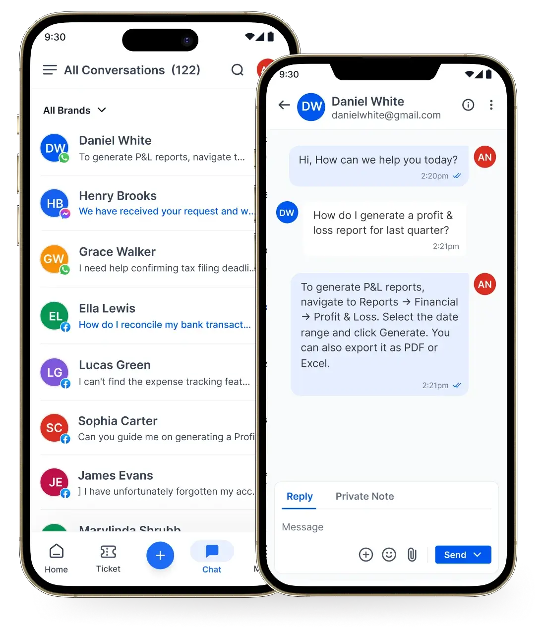 Mobile finance support app displaying customer chats, account assistance, and profit loss reporting guidance.