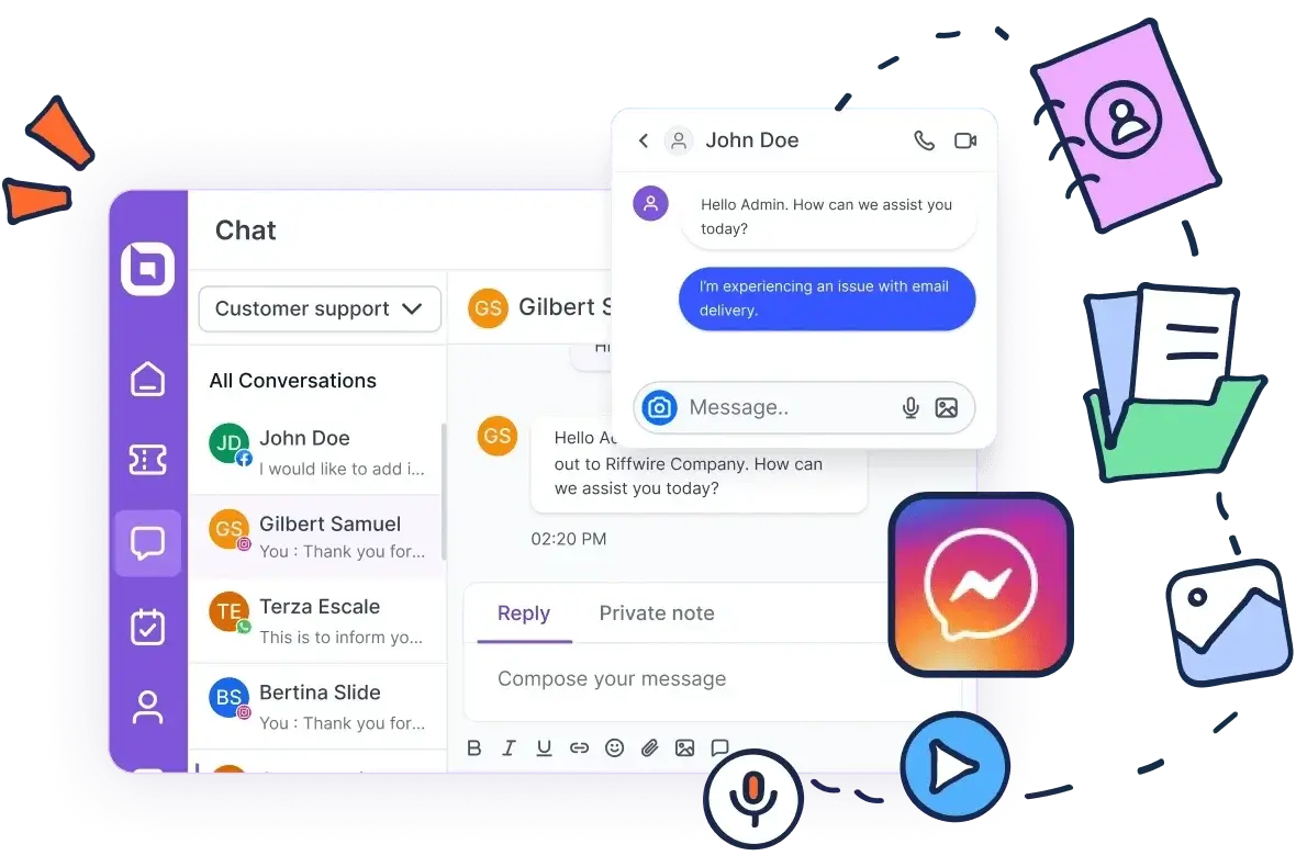 Omnichannel messaging dashboard connecting customer conversations across social media, chat, voice, and files.