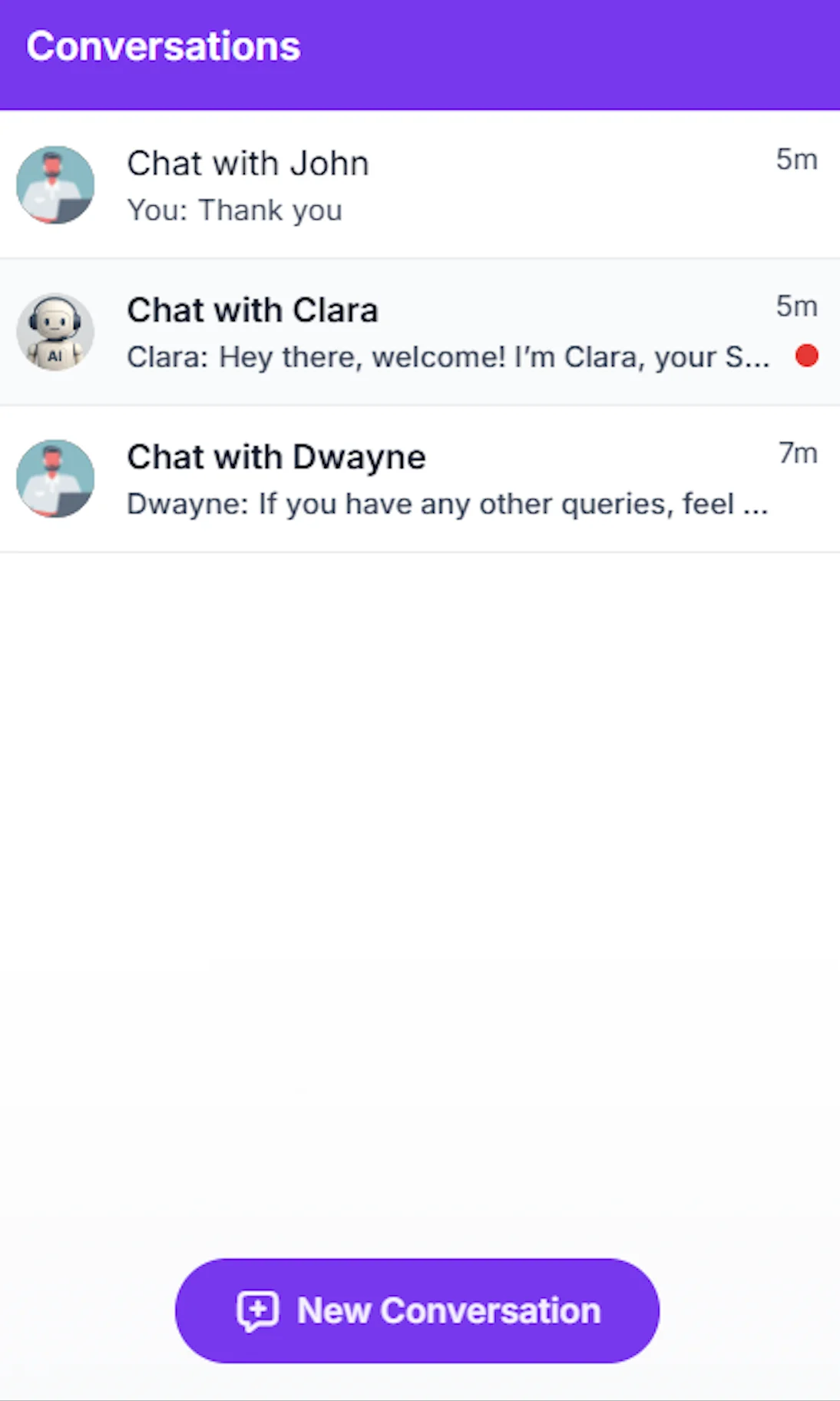 Mobile chat app showing conversation threads, AI support assistant, unread messages, and customer replies.