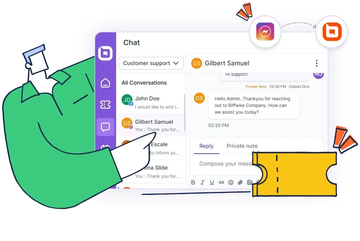 Social media support integration dashboard managing customer conversations, messaging channels, and ticket creation.