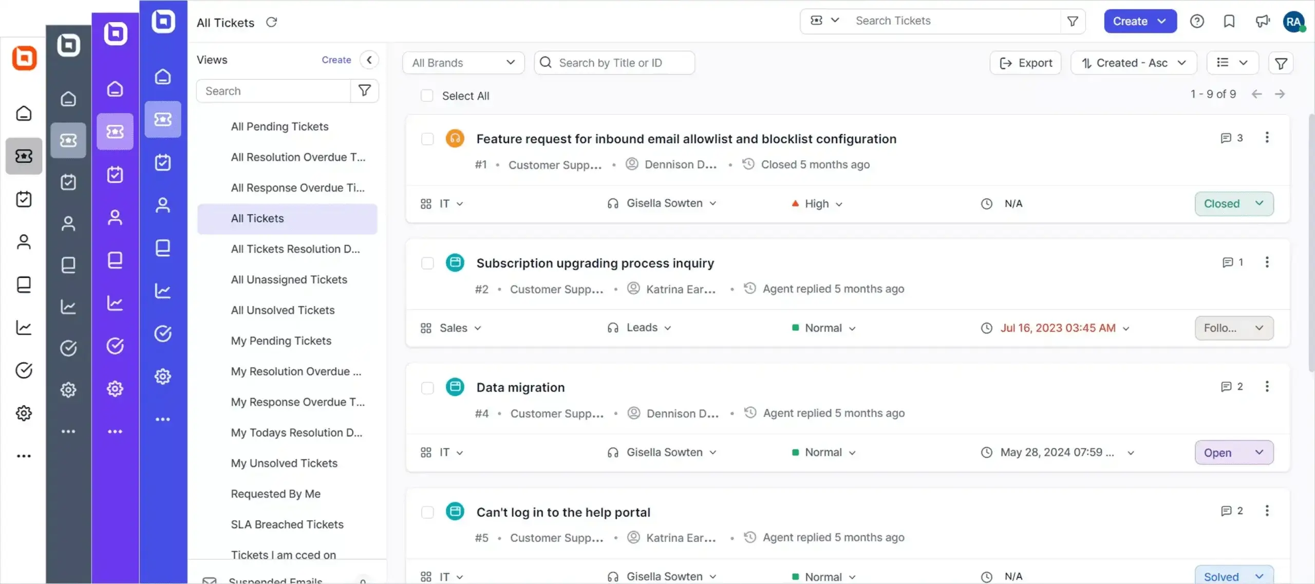 Help desk ticket management dashboard displaying support requests, ticket status, priorities, assignments, and views.