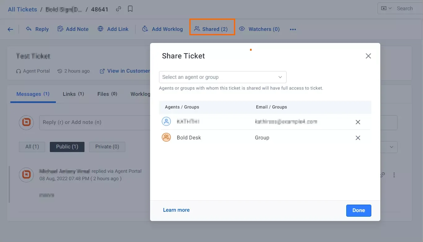 Help desk ticket sharing feature allowing agents and groups to collaborate, access, and manage support cases.