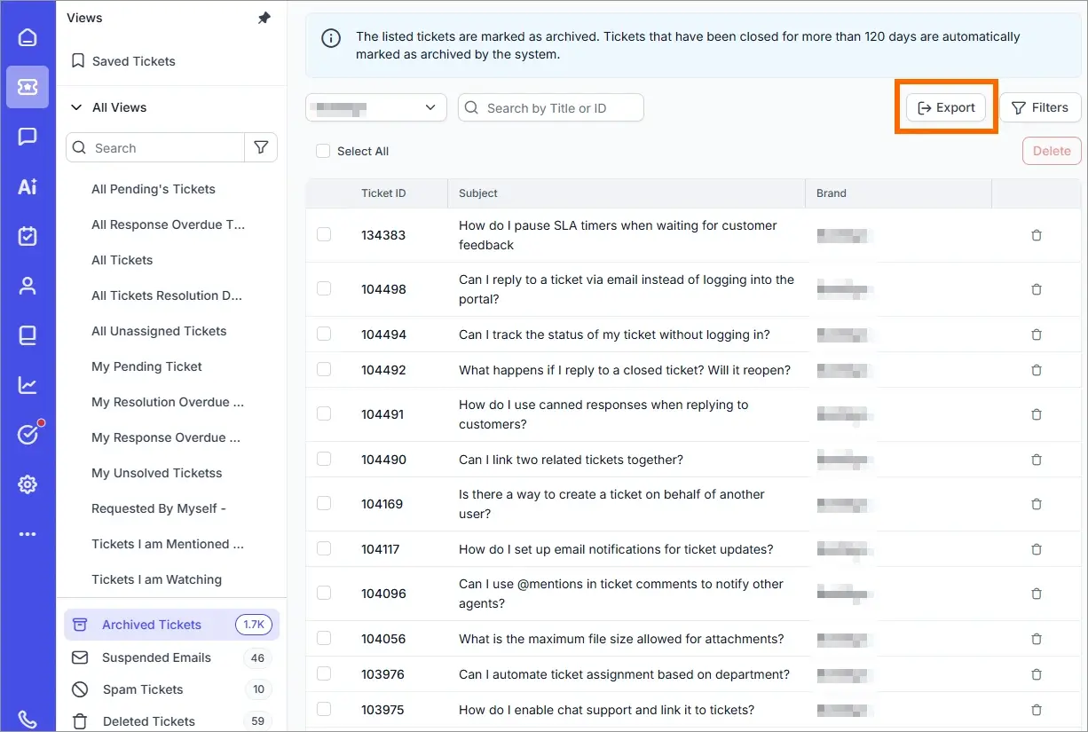 Archived ticket dashboard displaying stored support requests, search filters, export options, and ticket records.