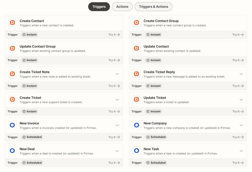 Integrating BoldDesk with Firmao through Zapier using automated triggers for tickets, contacts, invoices, deals, and tasks.