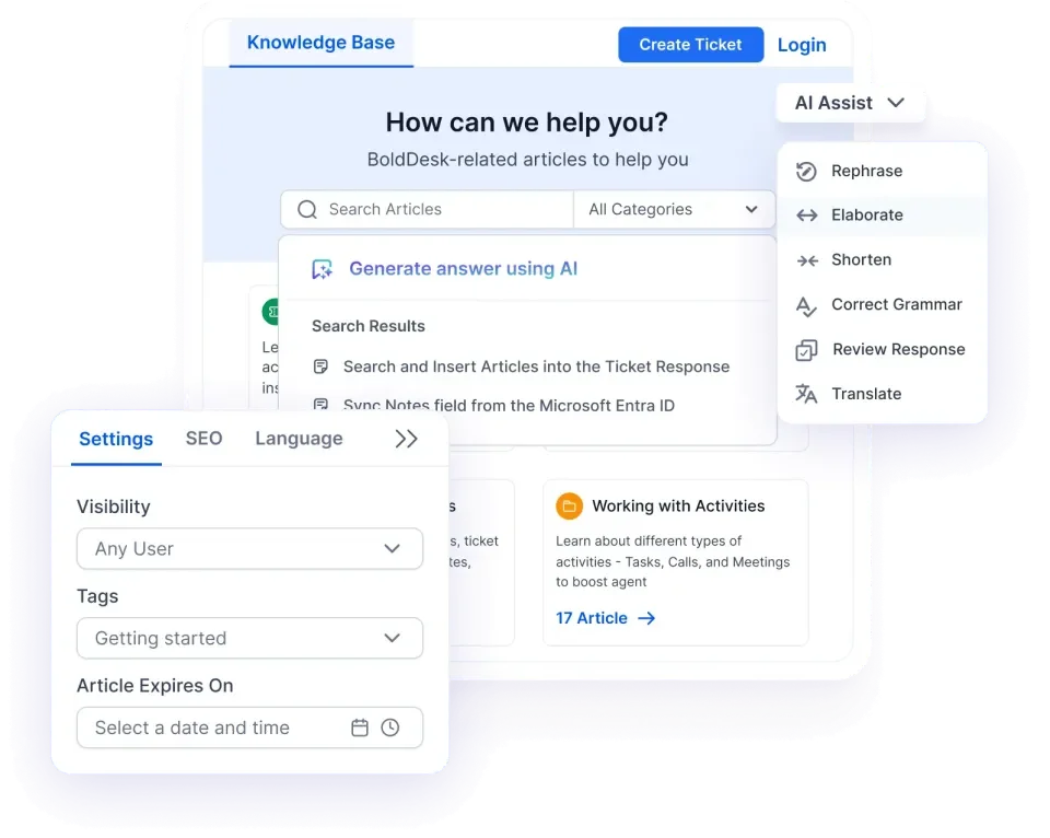 BoldDesk knowledge base interface showingAI assist options under a drop-down, a suggestion to generate answers using AI and a settings popup. 