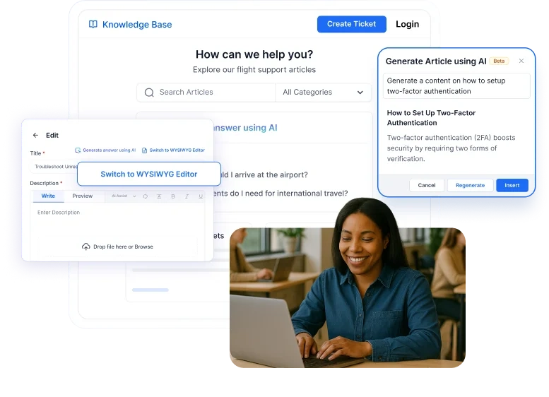 Smiling woman using a laptop overlays software interface showing AI-generated articles and editing tools, conveying sense of Knowledge base