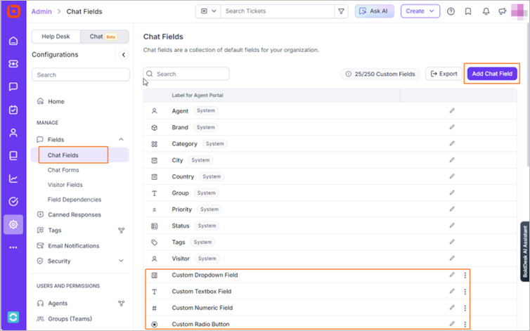 Live chat : Custom fields in chat conversations