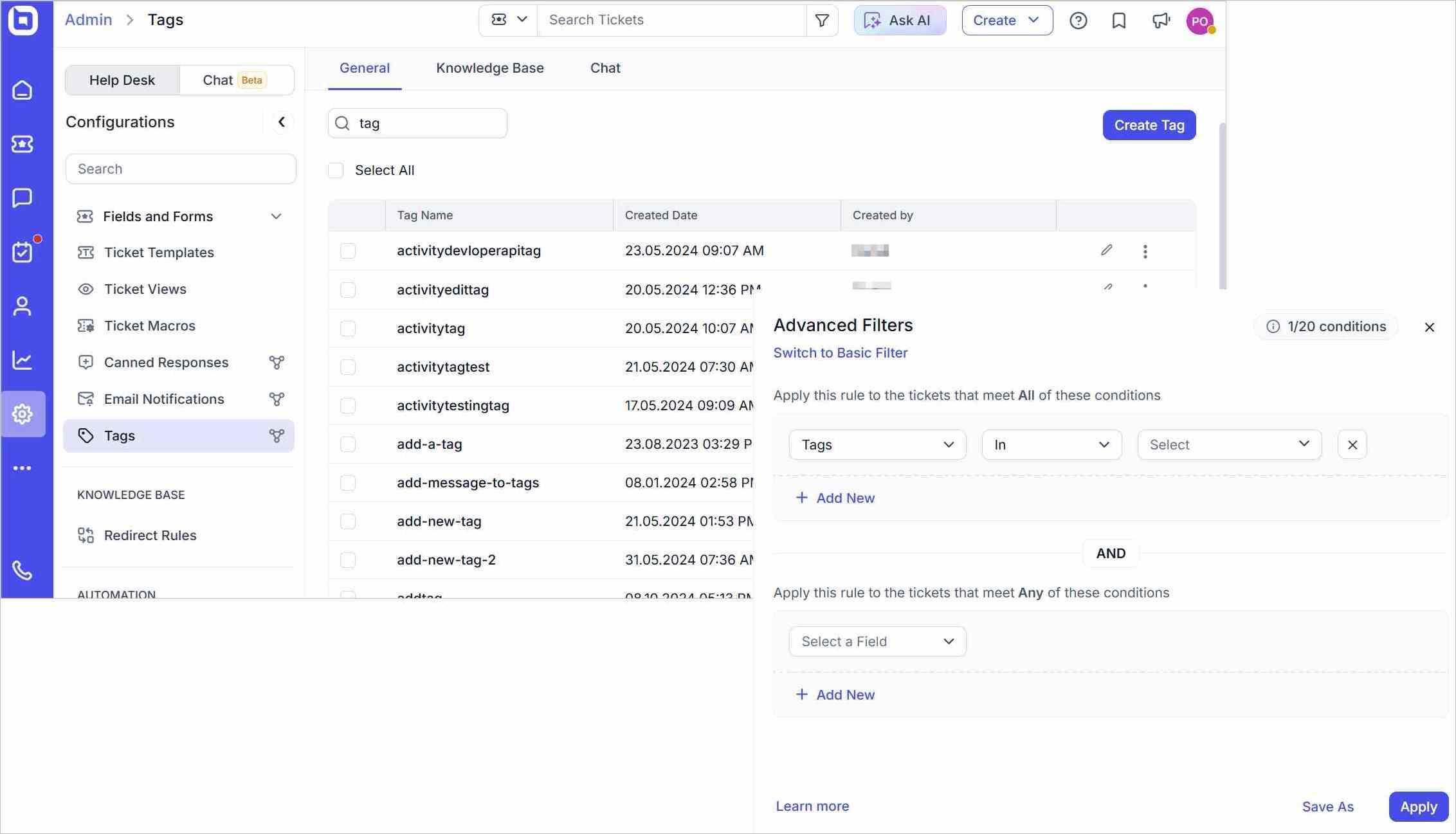 Searching for tickets using tags in BoldDesk