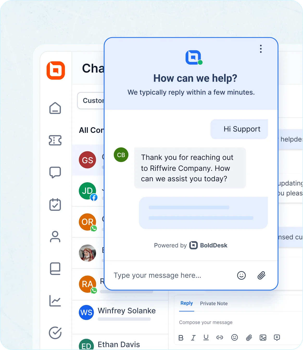 Image illustrating a live chat pop up in BoldDesk