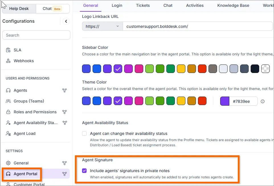 Agent Signature Configuration for Private Notes 