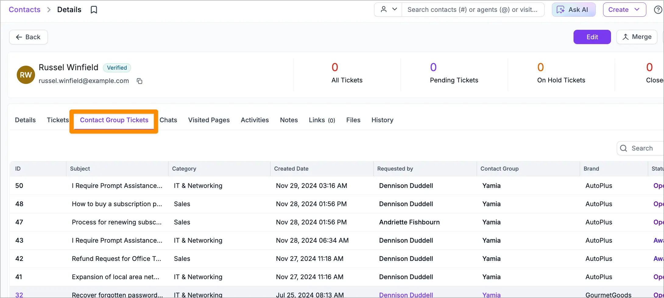 Viewing Contact Group Tickets in Contact Profiles 