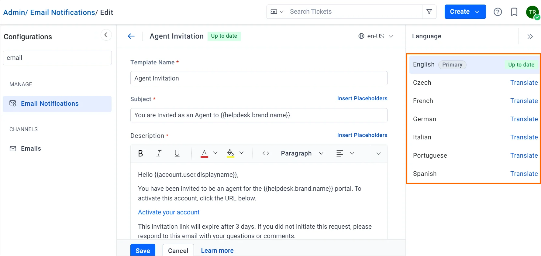 Email notification templates – localize BoldDesk alerts with multilingual email support.