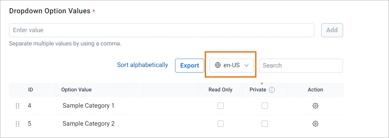 Fields and forms dropdown setup – manage multilingual values in BoldDesk’s admin panel.