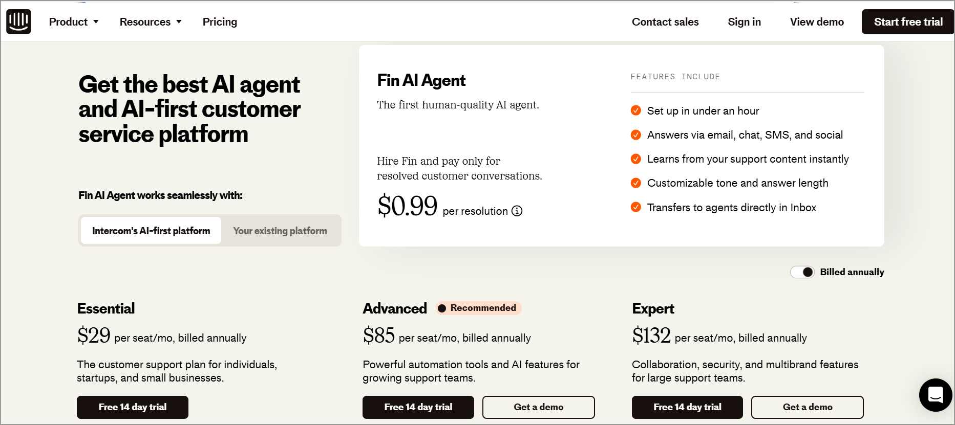 Intercom pricing tiers