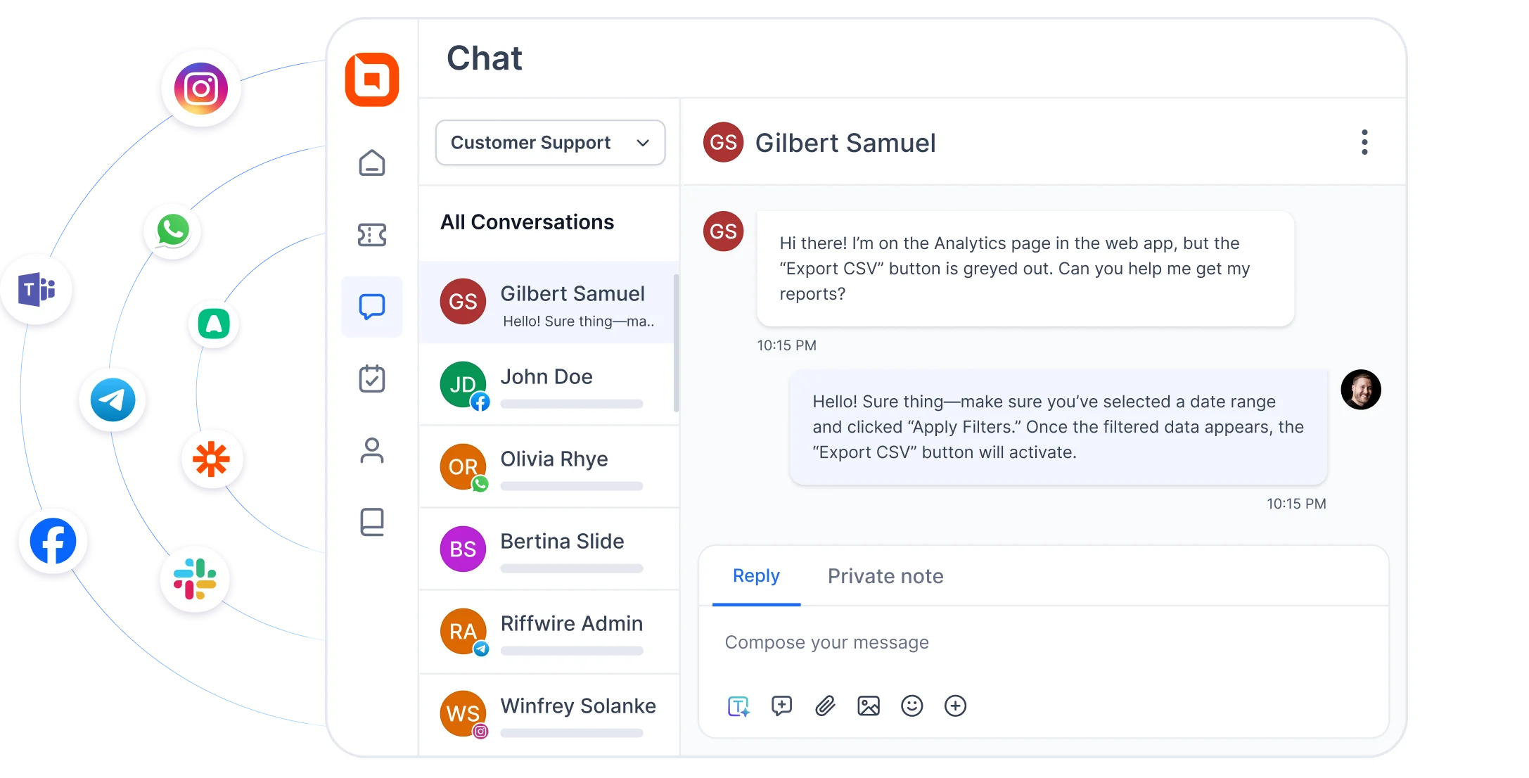 Omnichannel customer service with integrated chat from multiple platforms for seamless support.