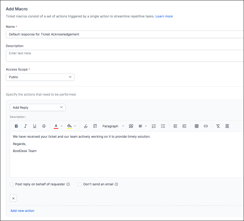 Automated replies for ticket macros