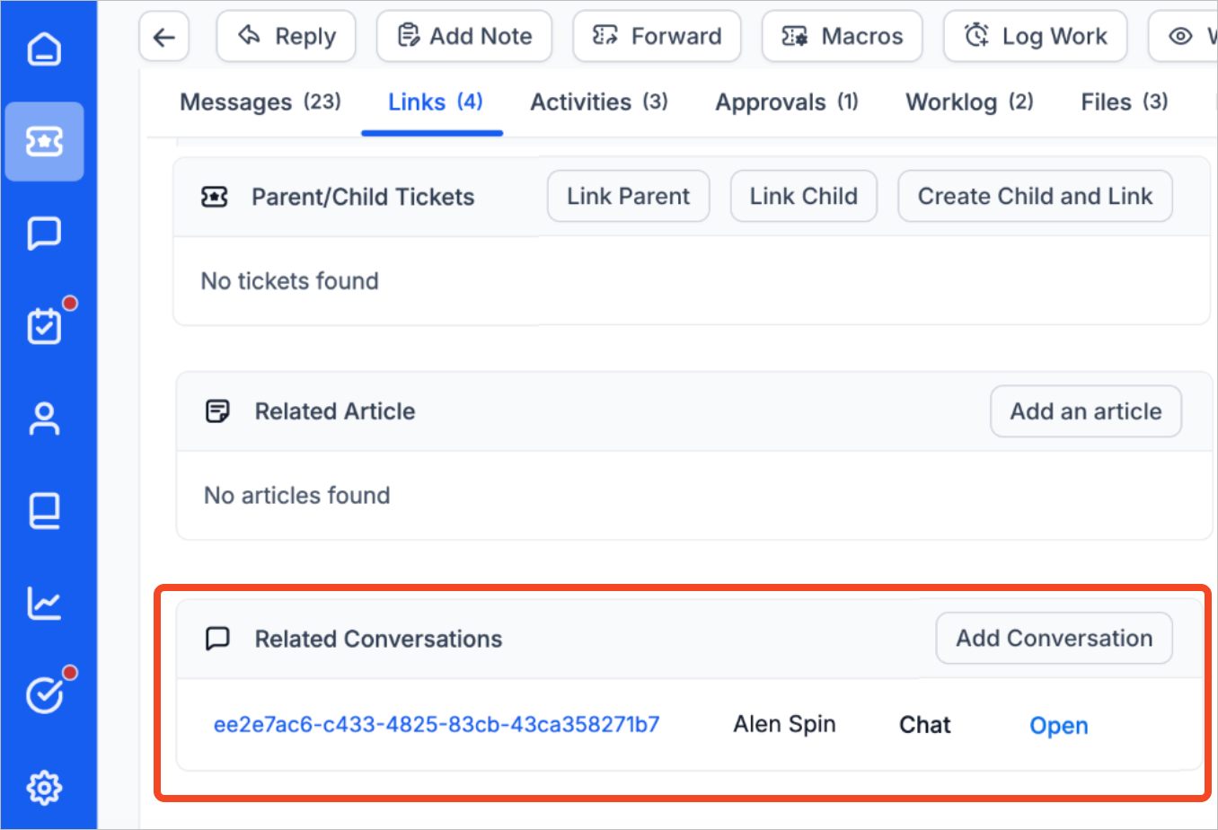 Chat conversations linked to tickets