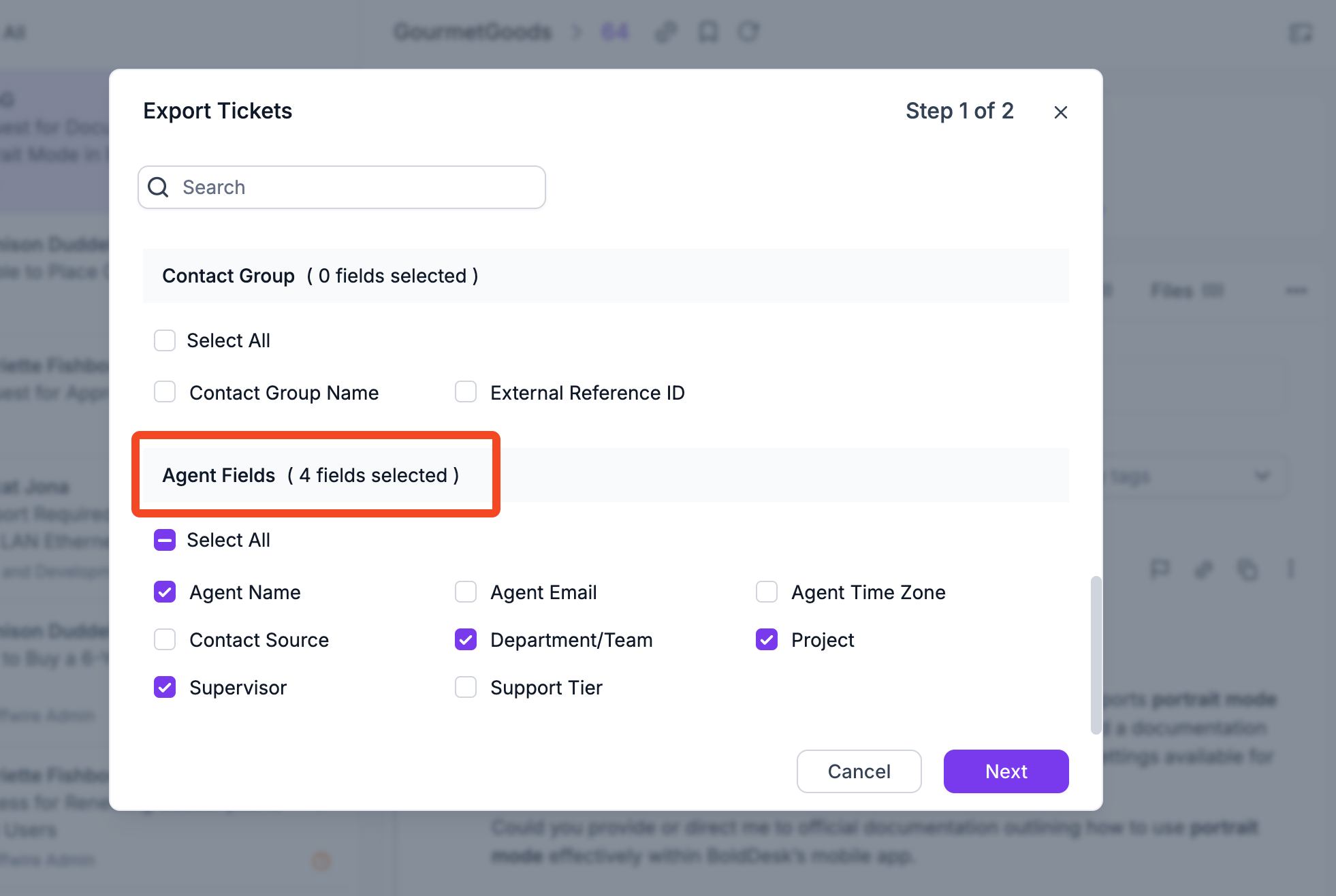 Agent fields in export tickets