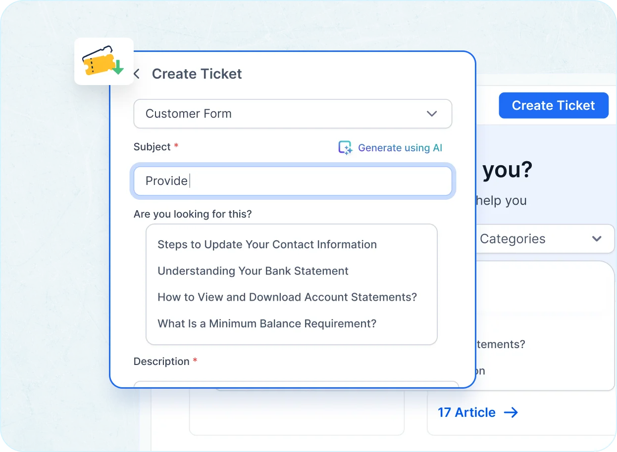 Knowledge base integration in a ticket management system for in-ticket article suggestions.
