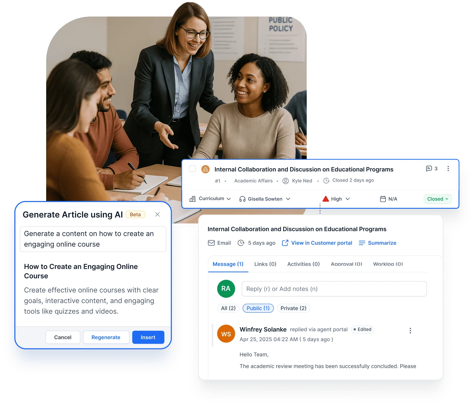 A ticket management system for educational institutions and government with workflows and knowledge base software