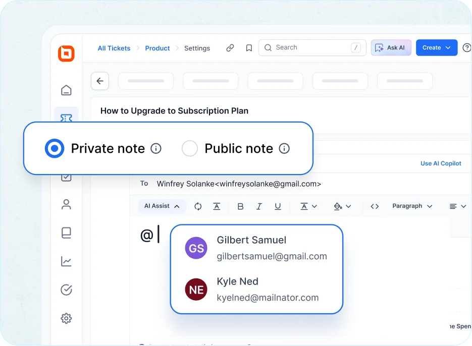 Agent collaboration tools in a ticket management system with notes, mentions, and drafts.