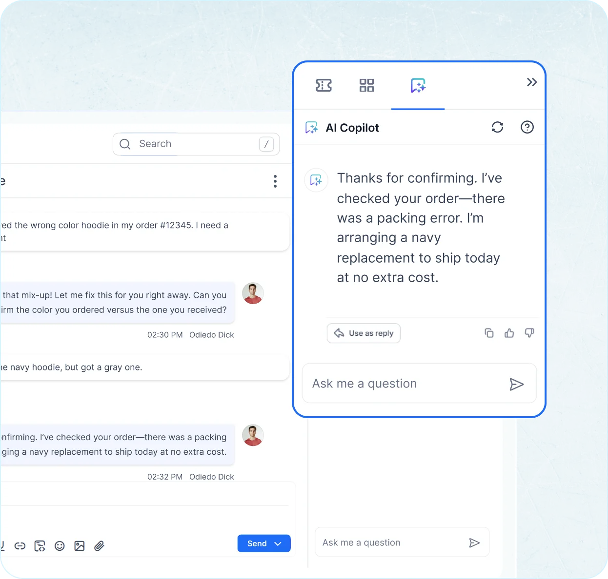 AI chat replies in customer service software: the BoldDesk Copilot handles queries instantly.
