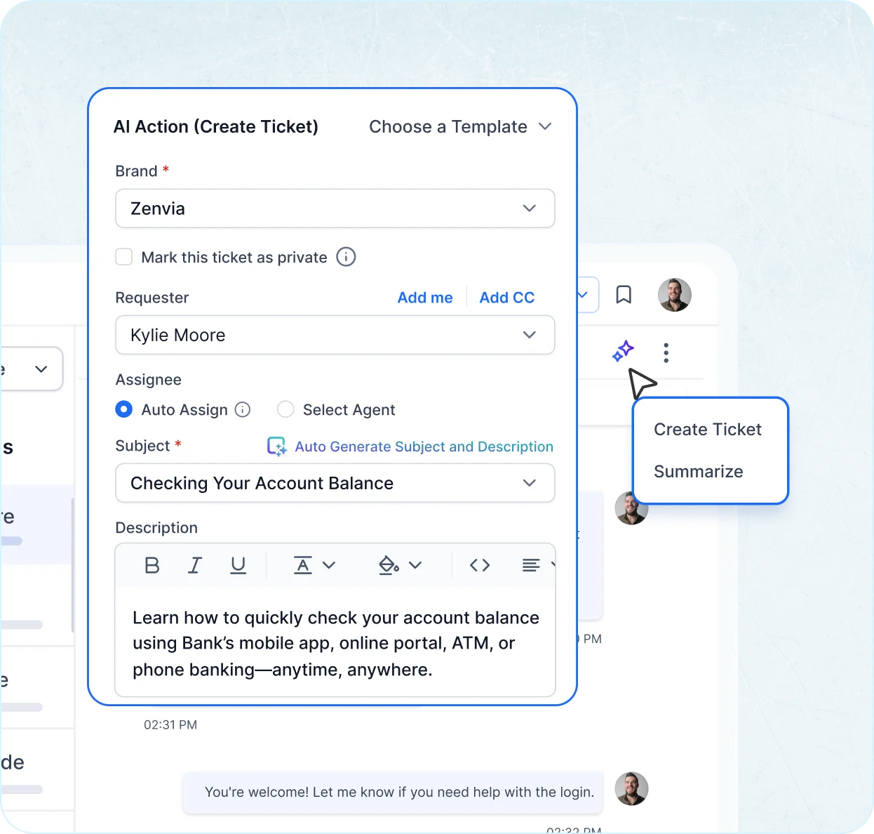 Customer service software: AI-powered ticket creation form with auto-fill and summaries