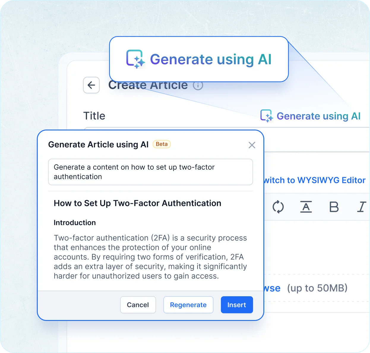
Create KB articles with AI in customer service software: generate, edit, and insert.

