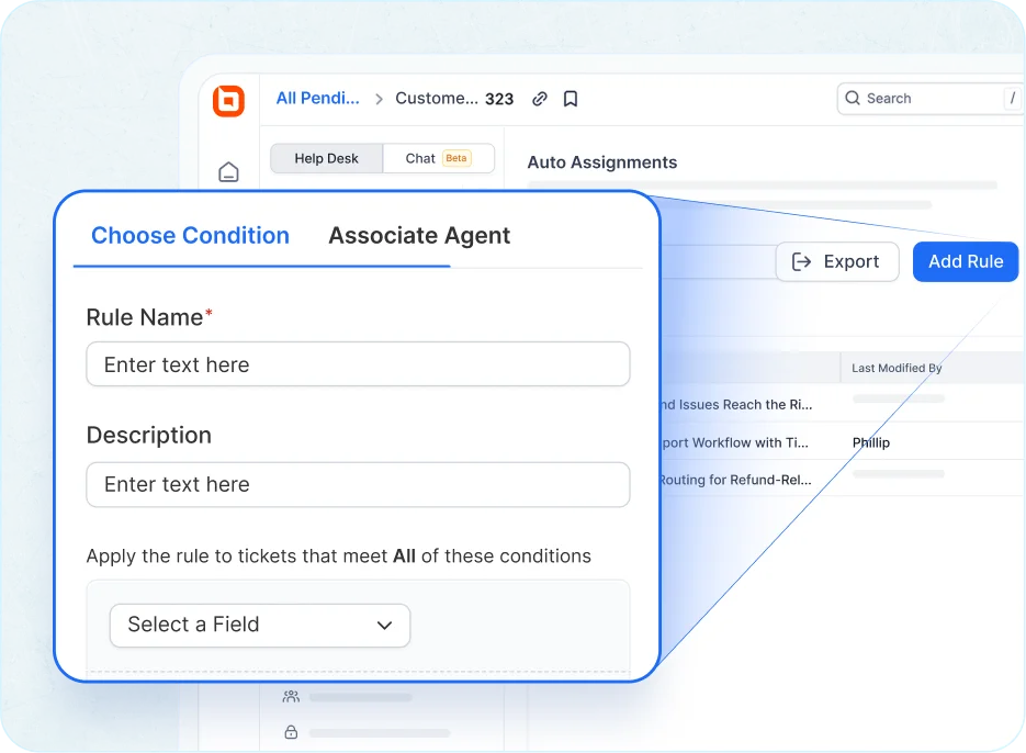 Custom workflows in a ticket management system to automate tasks with a no-code rule builder.