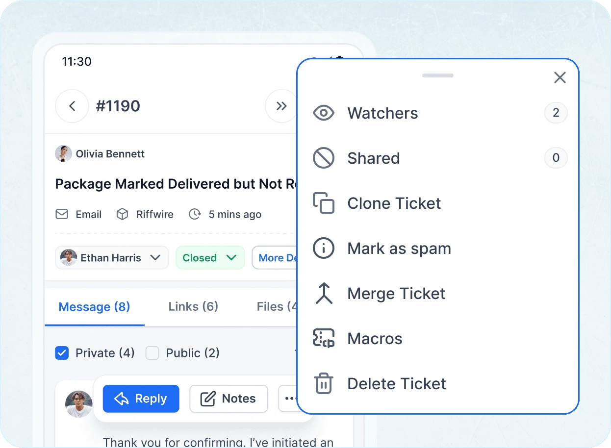 Mobile help desk with full control over ticket relationships, spam filters, and cloning.