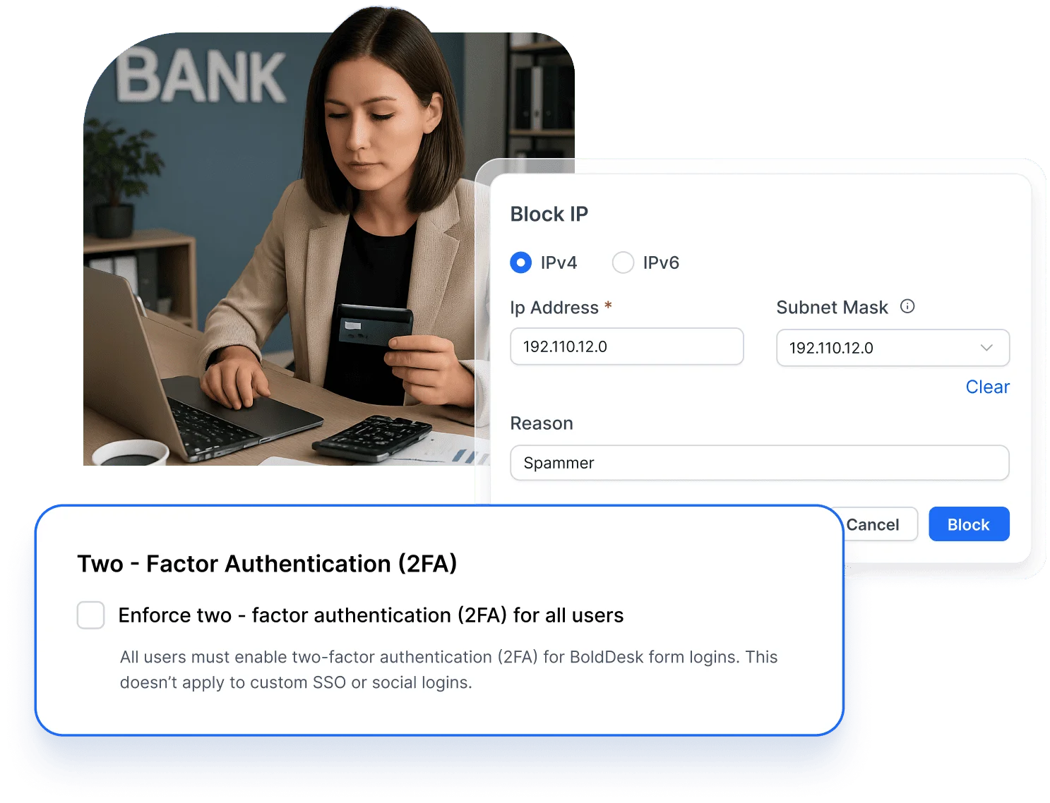 A ticket management system for finance with secure support, 2FA, and IP blocking tools