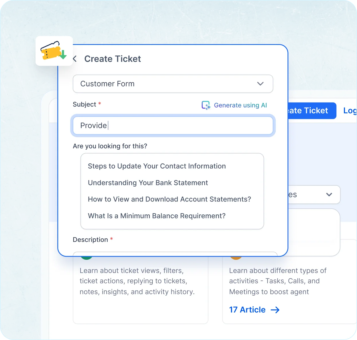 
Customer service software with AI help: article suggestions shown in ticket form UI.
