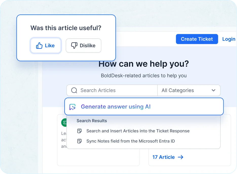 Customer self-service portal in a ticket management system with AI searching and article access.