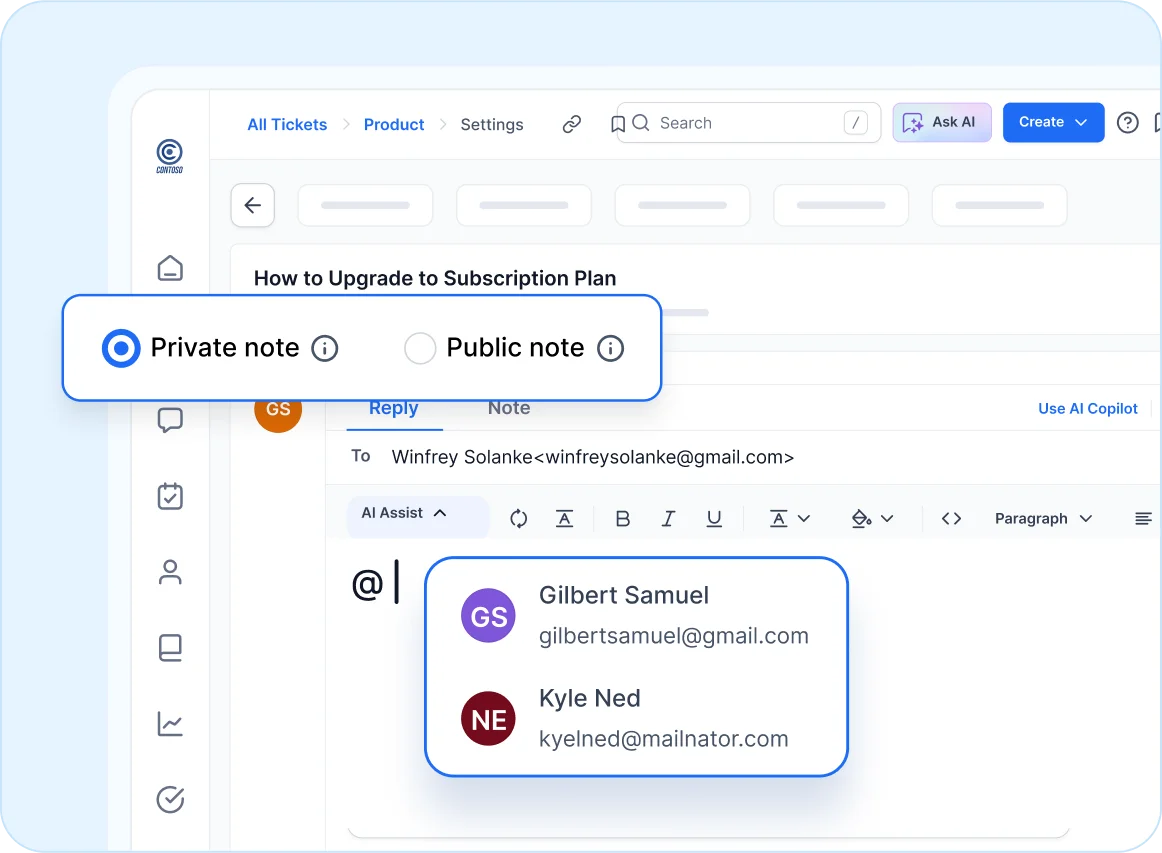 Internal collaboration help desk software for startups with notes, mentions, and watchers.