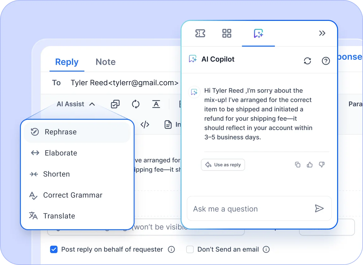 AI-powered help desk software for startups to reply faster, summarize conversations, and fix grammar.