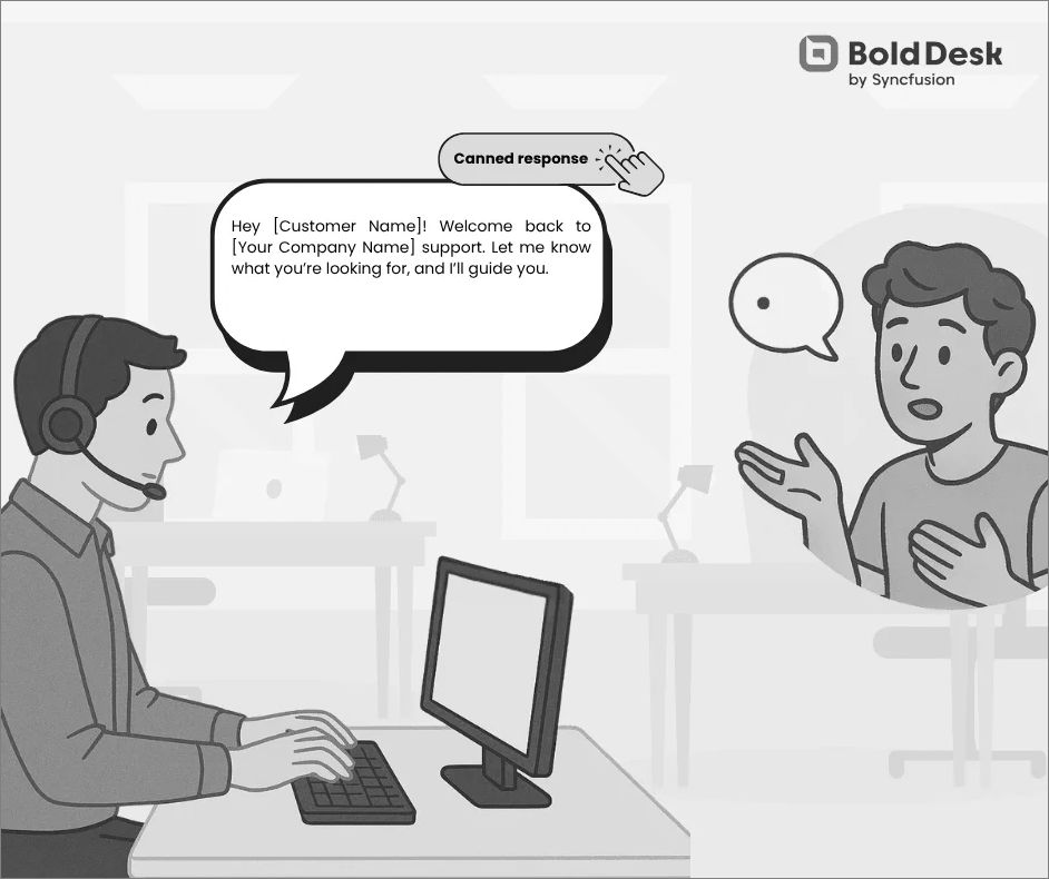 Black-and-white illustration of a support agent welcoming a customer with a canned response chat template on screen.