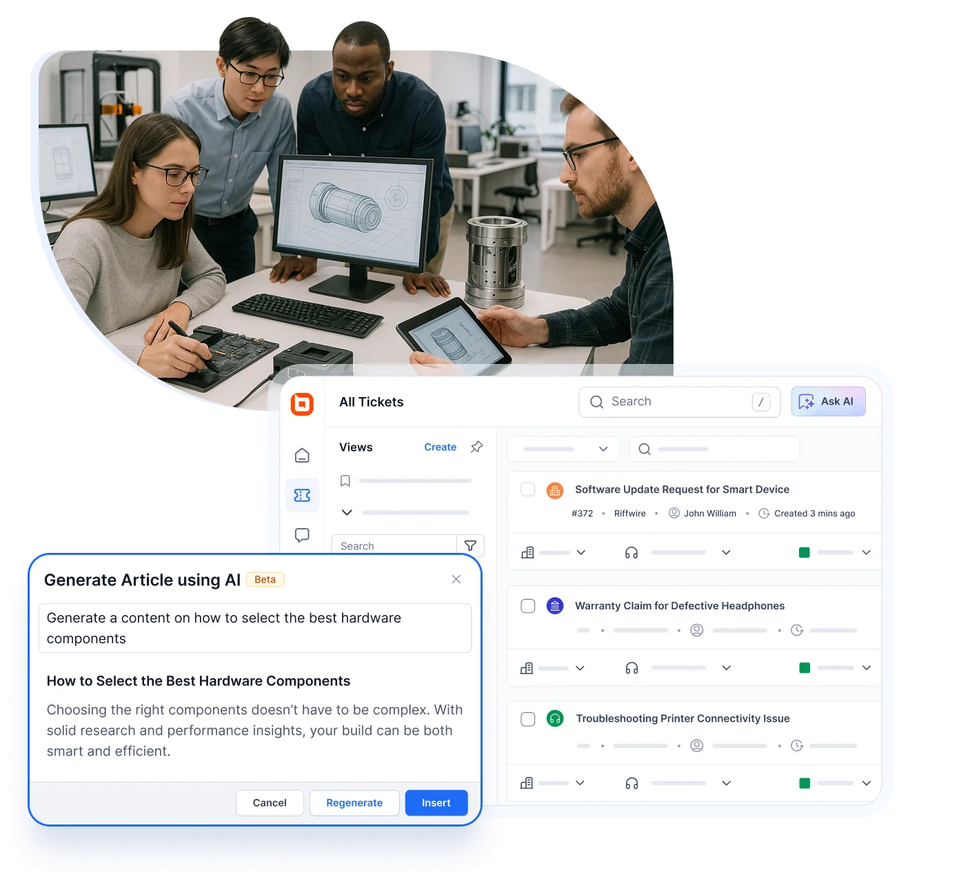 Tech hardware help desk software for startups with self-service and issue tracking tools.